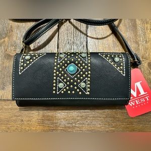 Montana West Crossbody Bag - Black with Turquoise Studs
